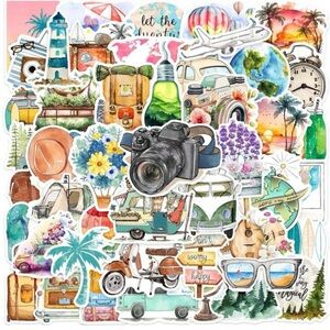 50 Travel Adventures Stickers Beach Plane Palm Luggage Lighthouse Maps Camera